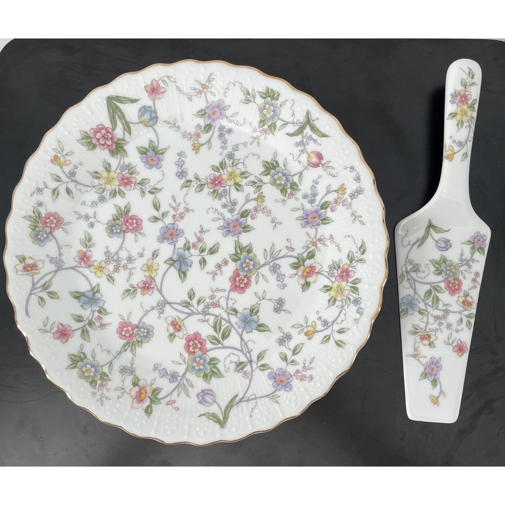 NEW Vintage Porcelain Floral Cake Plate & Server Gold Trim Cottagecore Pink